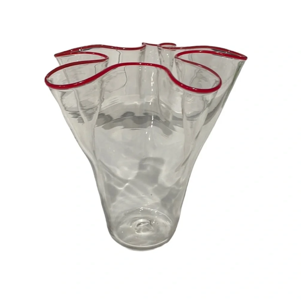 Vintage Signed John Burchetta Art Glass Handkerchief Vase with Red Rim. EUC